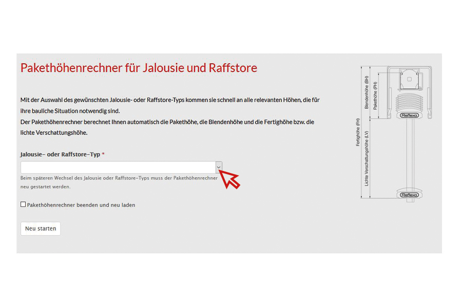 Pakethöhenrechner für Jalousien